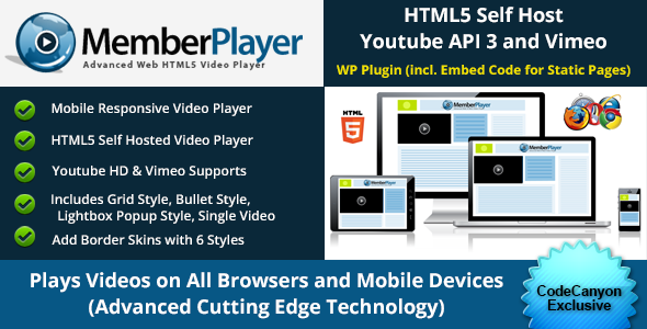 MemberPlayer - HTML5 Video Player - with Grid Style and Lightbox Popups, Youtube & Vimeo Included