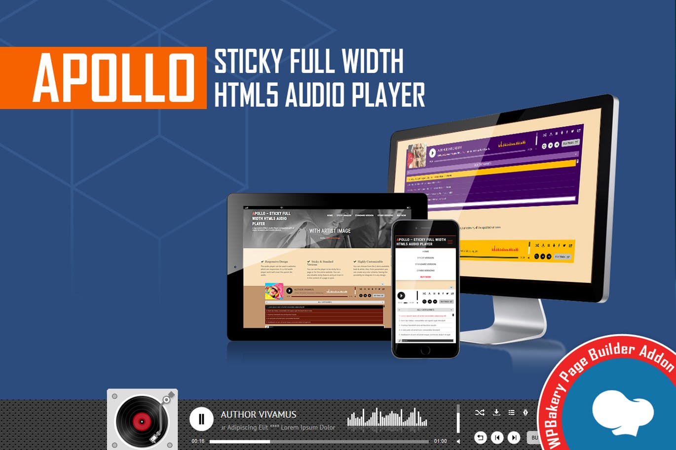 Apollo - Sticky Full Width HTML5 Audio Player - WPBakery Page Builder Addon